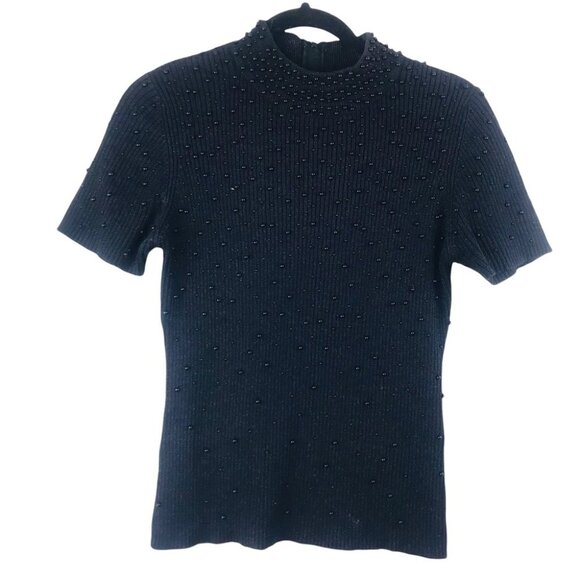 NEK Northeast Knitters Knit Black Glitter Pearl Embellished Mock Neck Top S - Picture 1 of 14